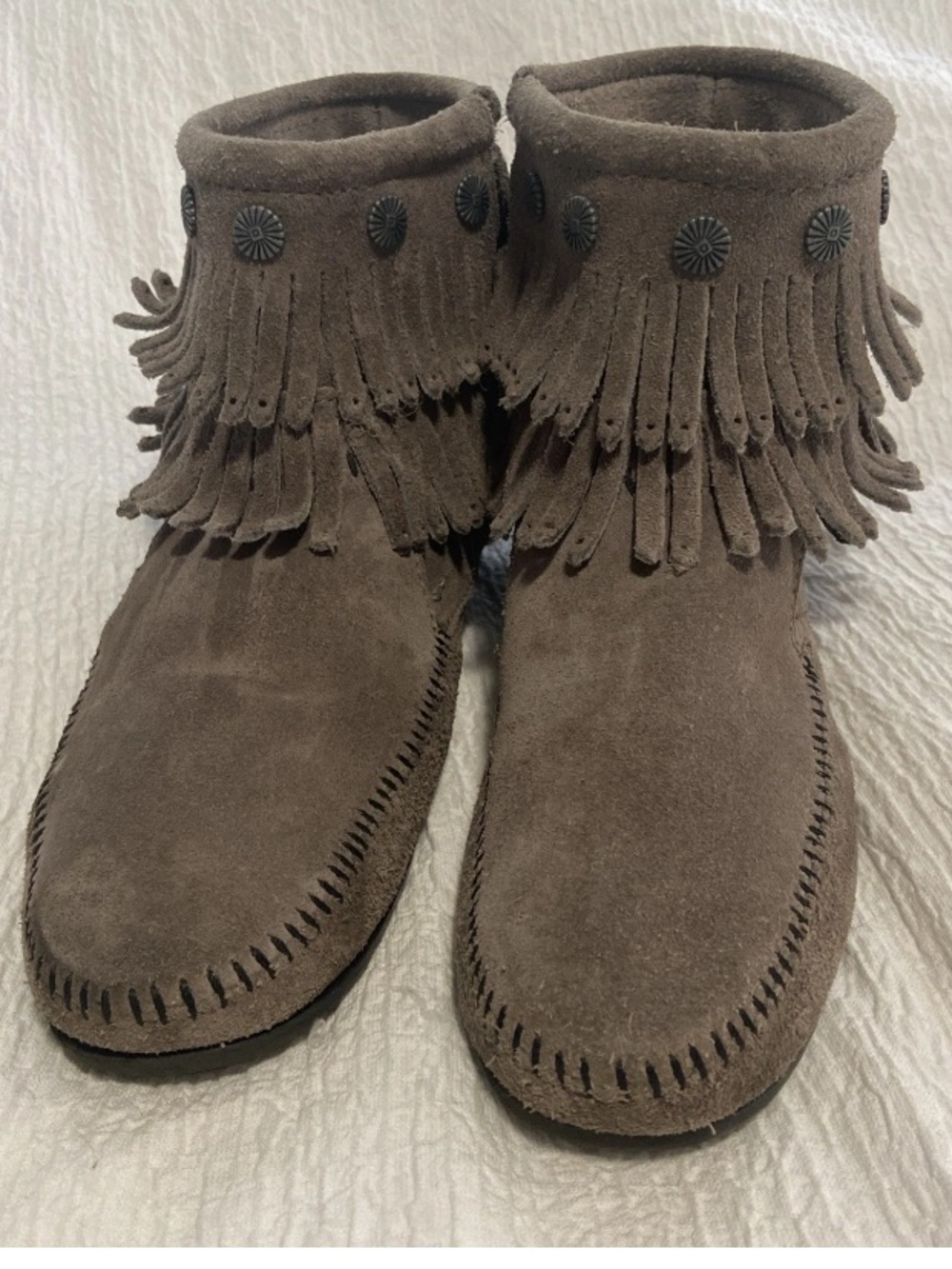 Minnetonka Grey Suede Double Fringe Ankle Moccasins
